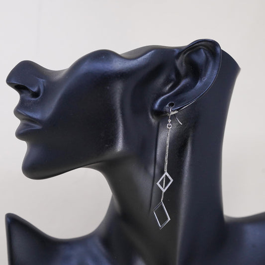 Vintage Sterling 925 silver handmade long box chain earrings w/ square dangles