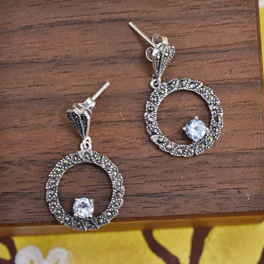 Vintage Sterling 925 silver handmade circle earrings with blue topaz marcasite