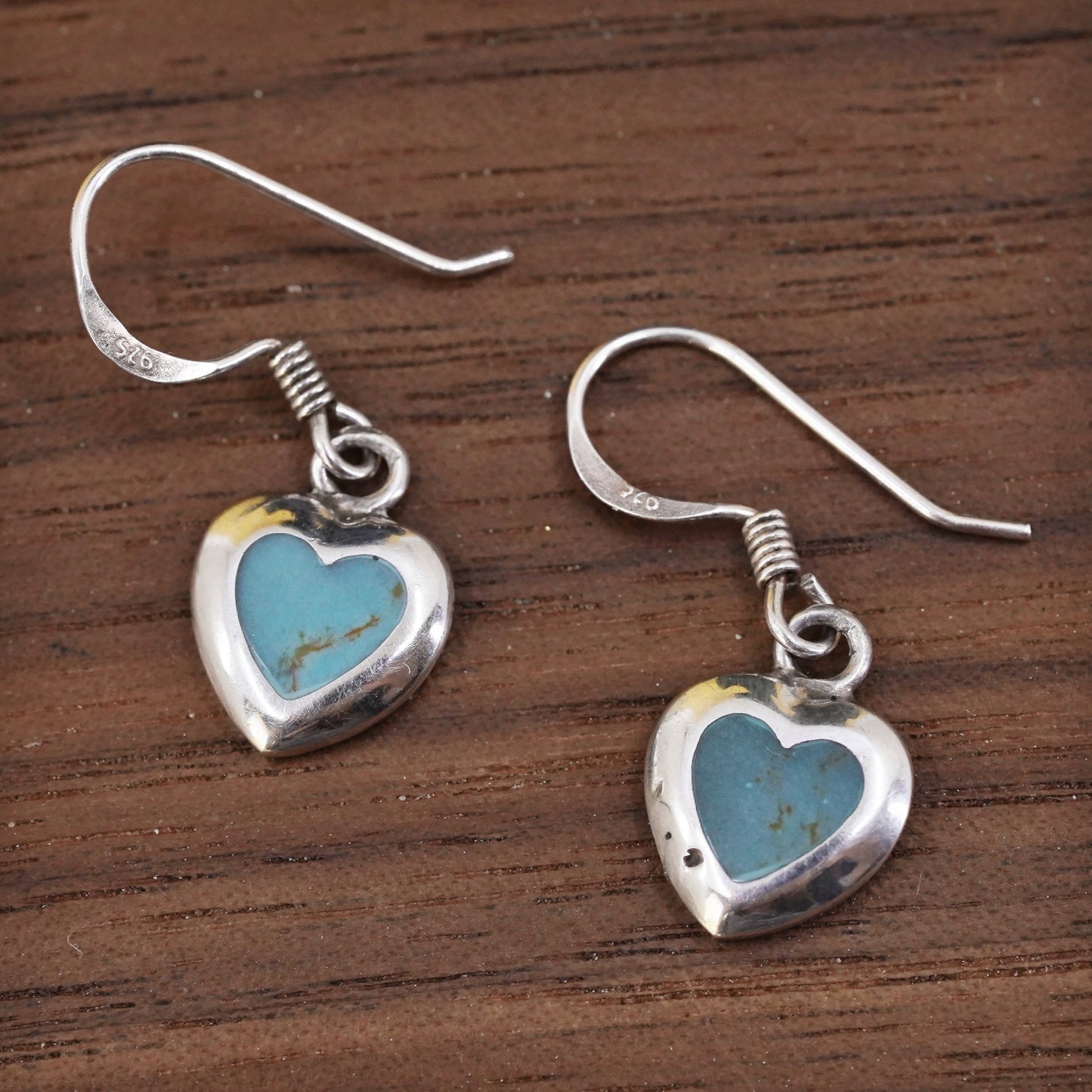 Vintage Sterling silver handmade earrings with heart turquoise inlay