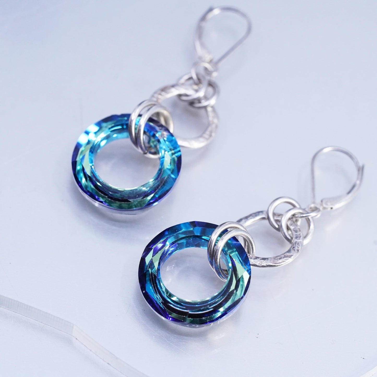 Vintage Sterling 925 silver handmade entwined circle earrings blue AB crystal