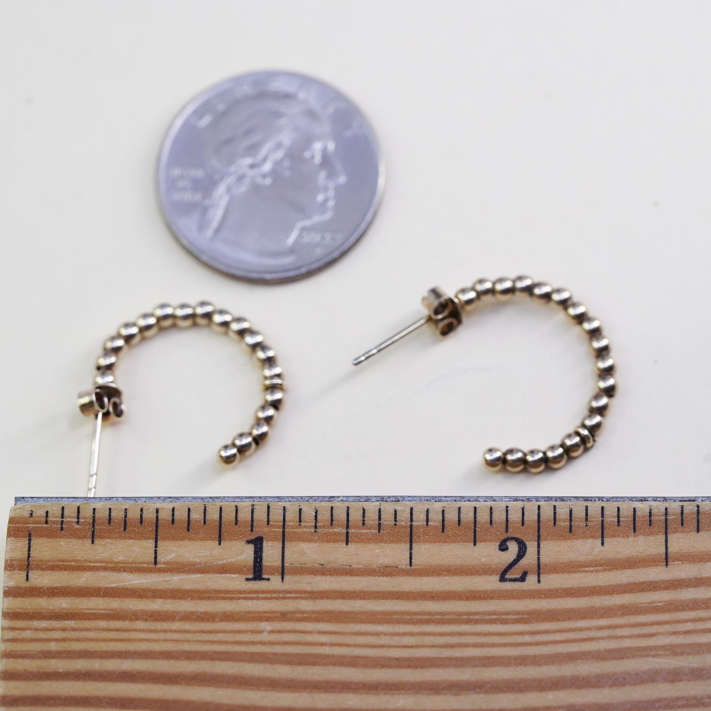 1", VTG yellow gold plated sterling 925 silver loop earrings, bead hoops huggie