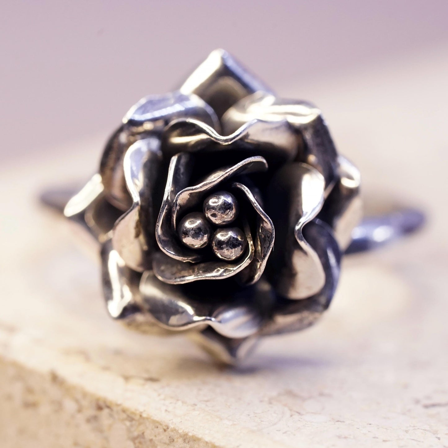 Size 8.5 adjustable, vintage Mexican Sterling silver ring, 925 rose flower band
