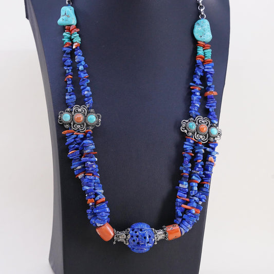 24", Native American Sterling Silver 925 Lapis Lazuli Turquoise Coral Necklace