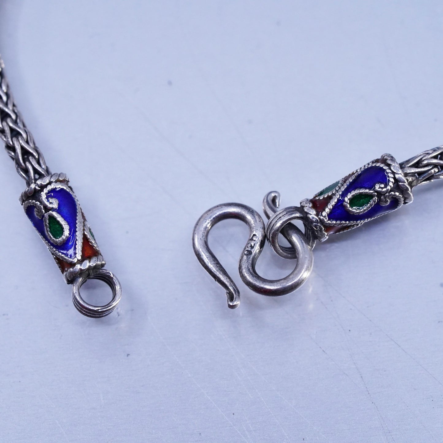 18", Sterling 925 silver bold wheat chain necklace enamel slide bead pendant