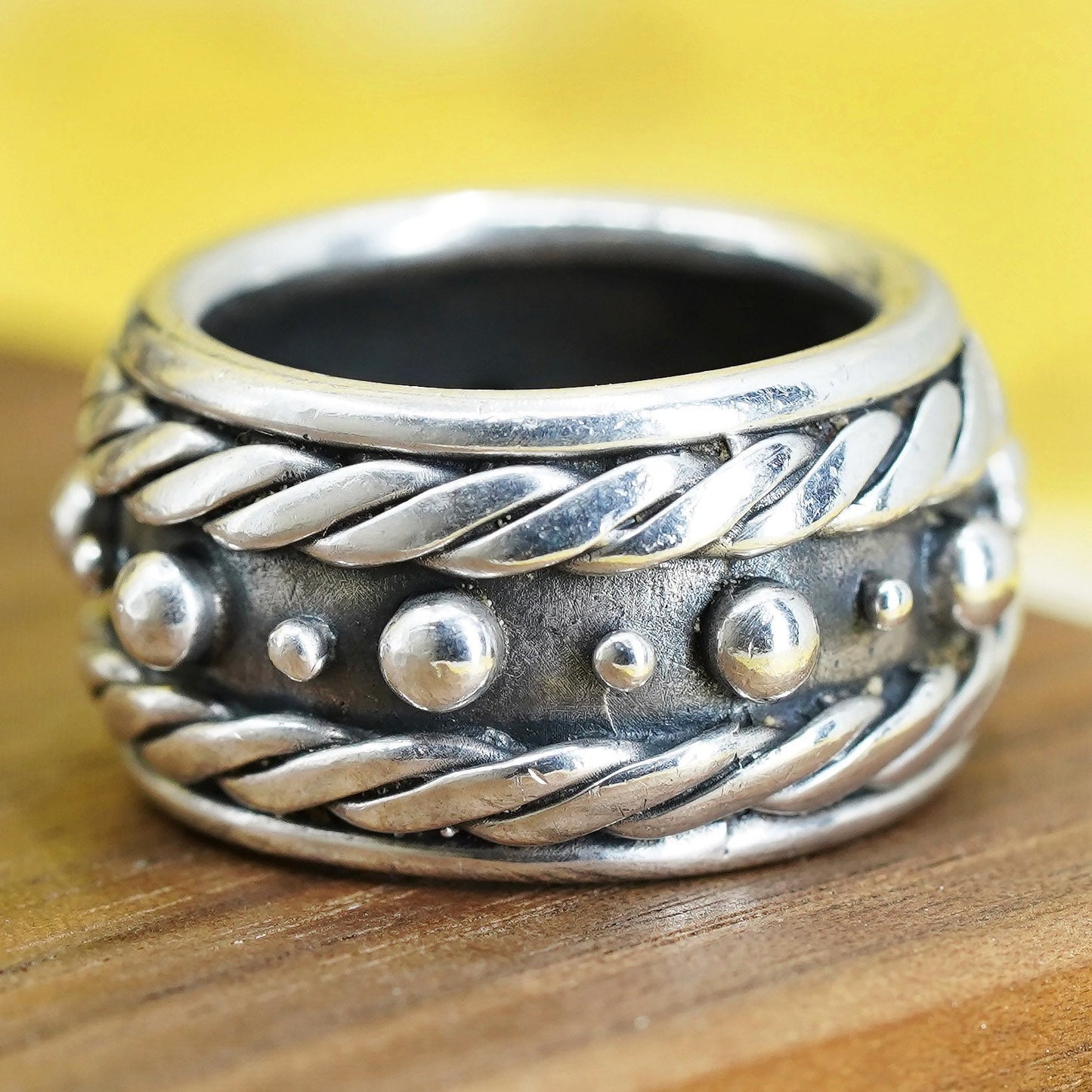 size 6.75, vintage Sterling silver handmade ring, 925 wide band with beads