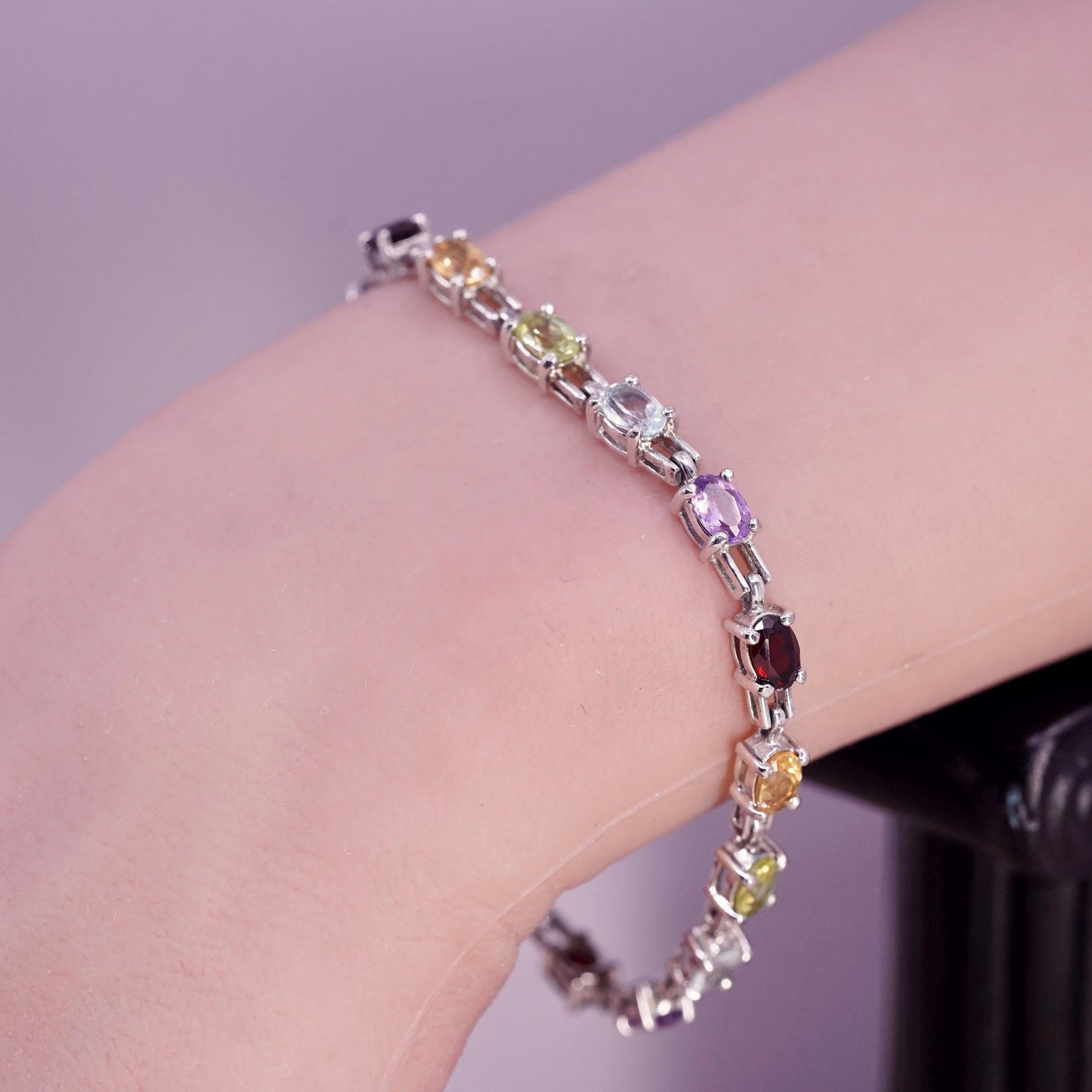 7”, sterling silver 925 tennis bracelet with multi color gemstones ruby peridot