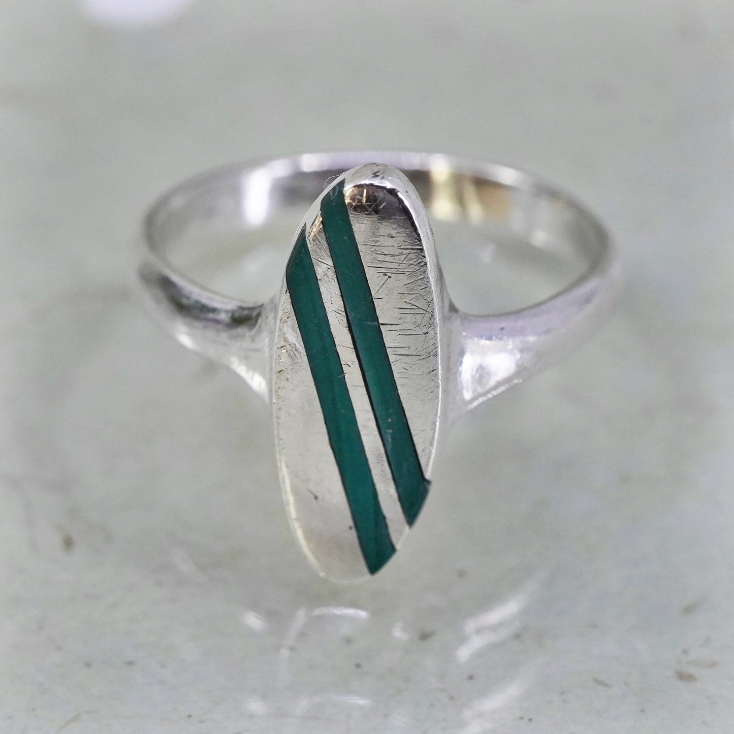 Size 7.75, Sterling silver ring, geometric 925 silver with malachite inlay