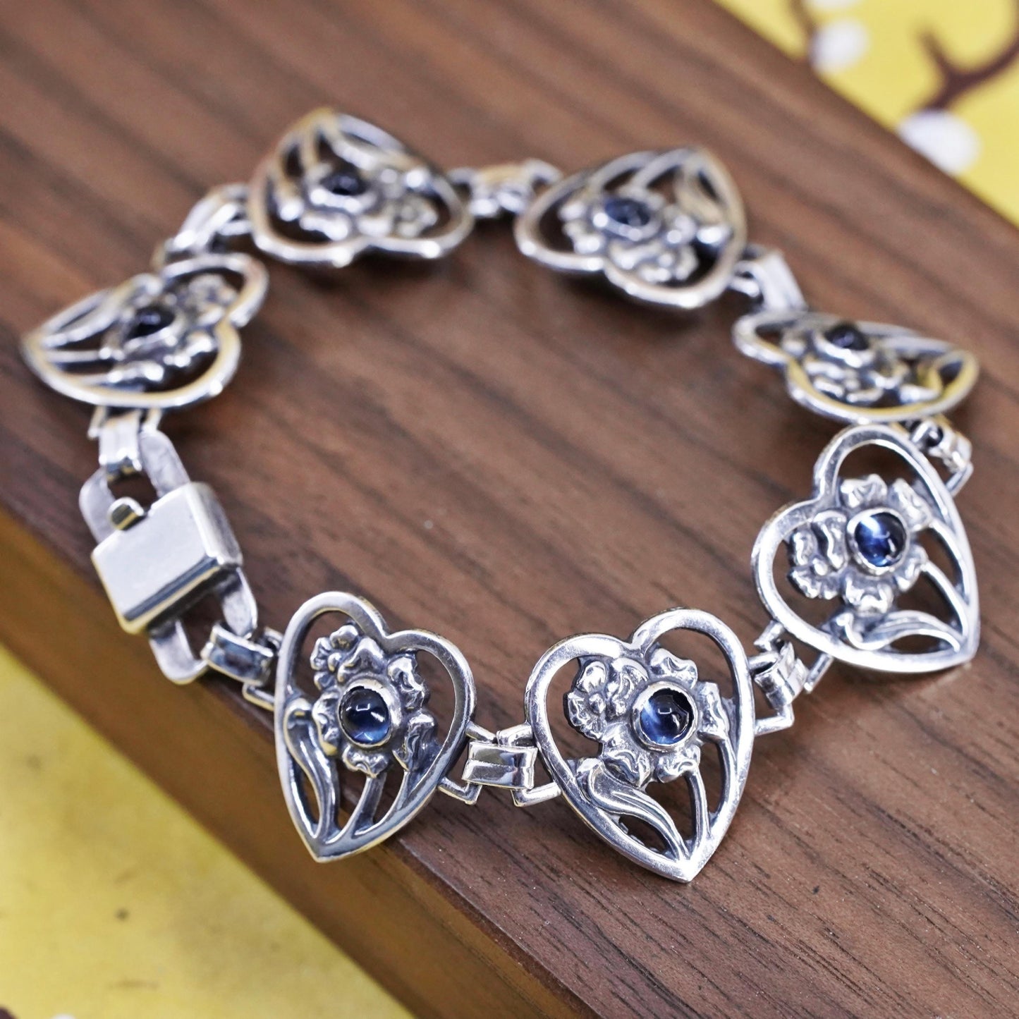 6.75", Vintage Sterling silver tennis bracelet, 925 silver heart floral chain