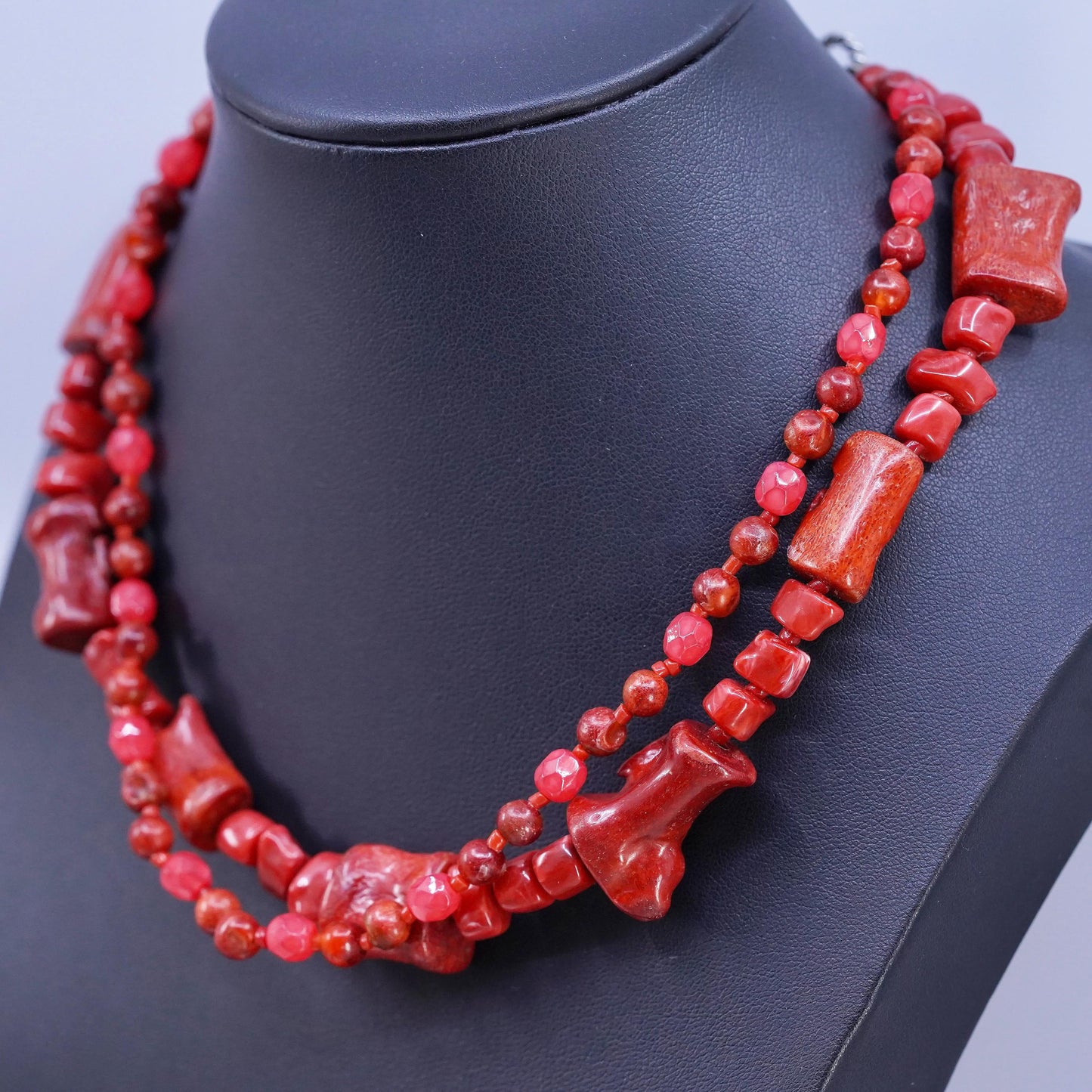 16+3", silver tone necklace, double strands coral beads necklace pendant