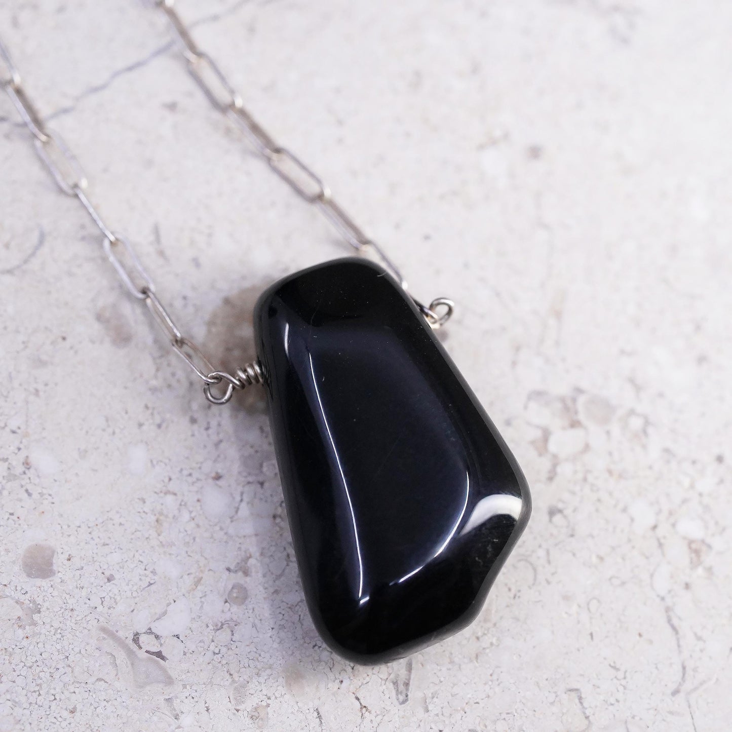 14" 2mm, vintage Sterling silver necklace, 925 elongated chain w/ onyx pendant