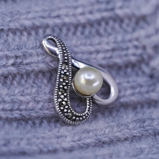 Vintage sterling 925 silver handmade heart pendant with pearl and marcasite