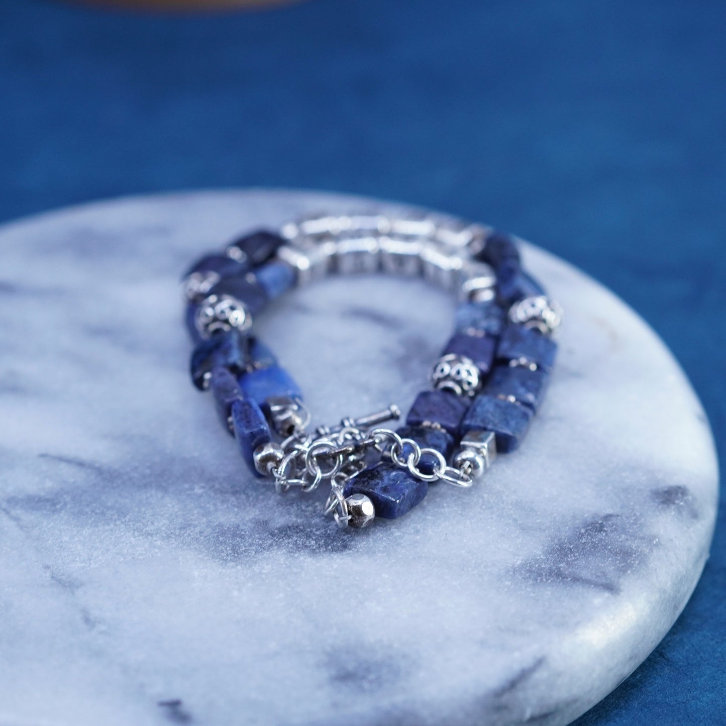 6.75”, Sterling silver handmade name “state penn” cube bracelet sodalite beads