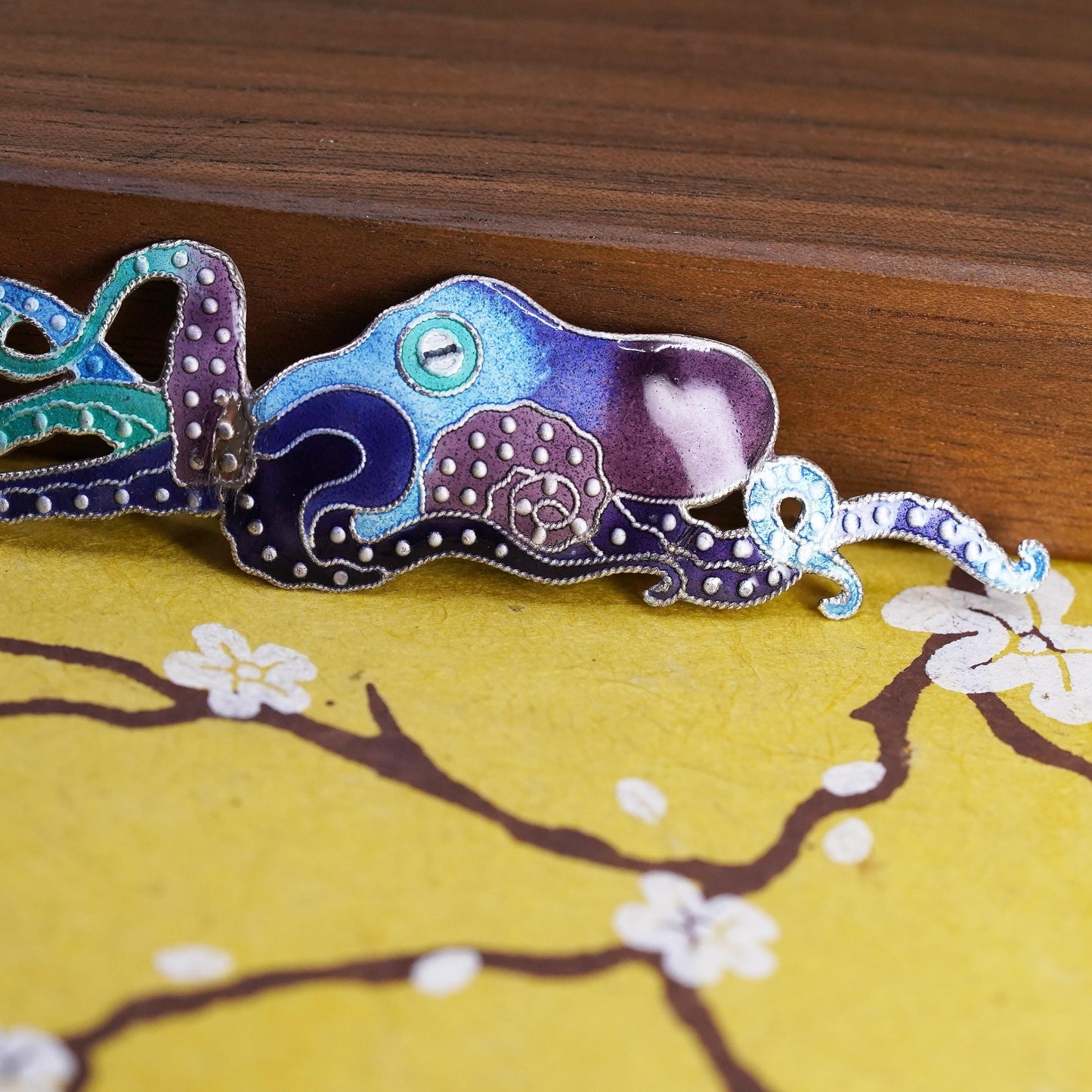 Vintage antique handmade sterling silver 925 blue octopus brooch with enamel