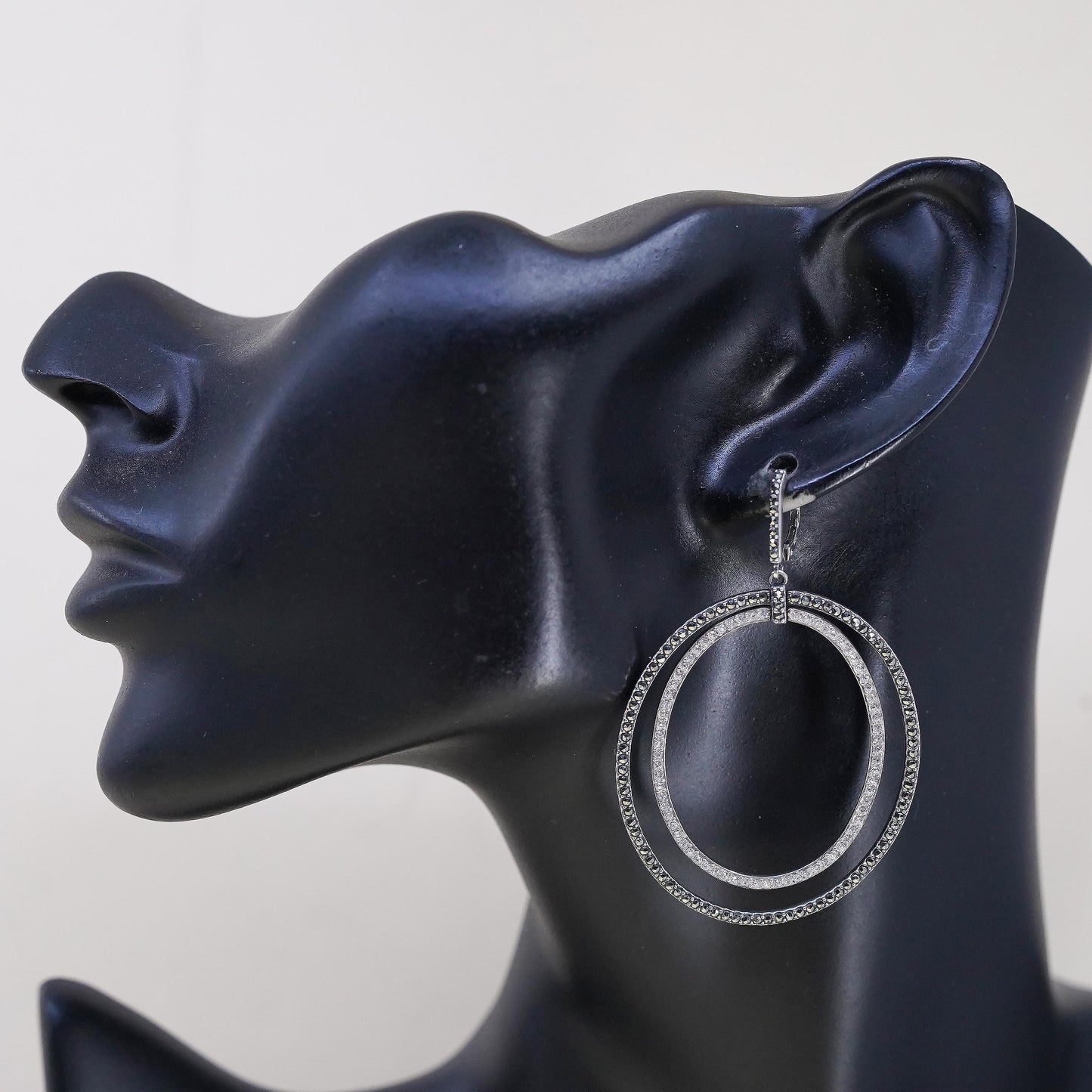 VTG Judith Jack 925 Sterling Silver Double Oval Hoops, Marcasite CZ Earrings