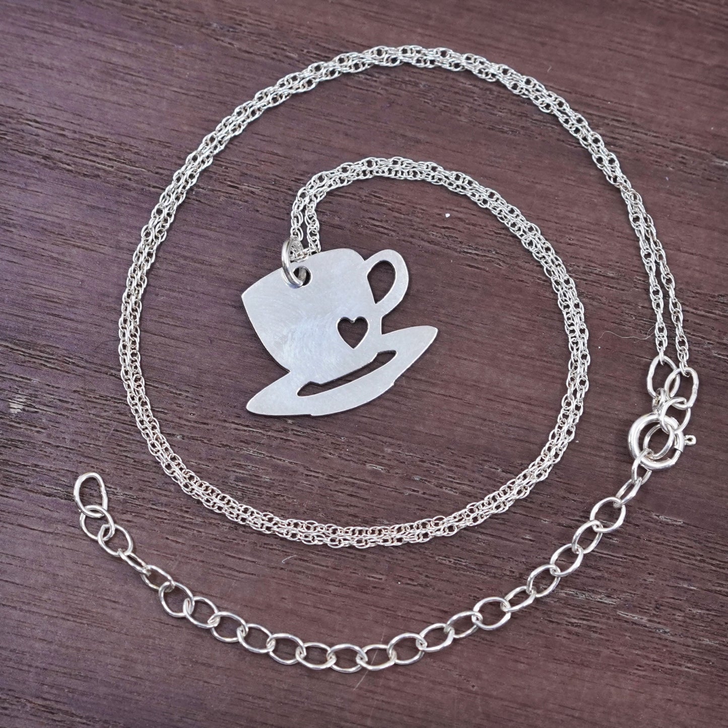 16+2”, sterling silver necklace, 925 rope chain with coffee cup pendant