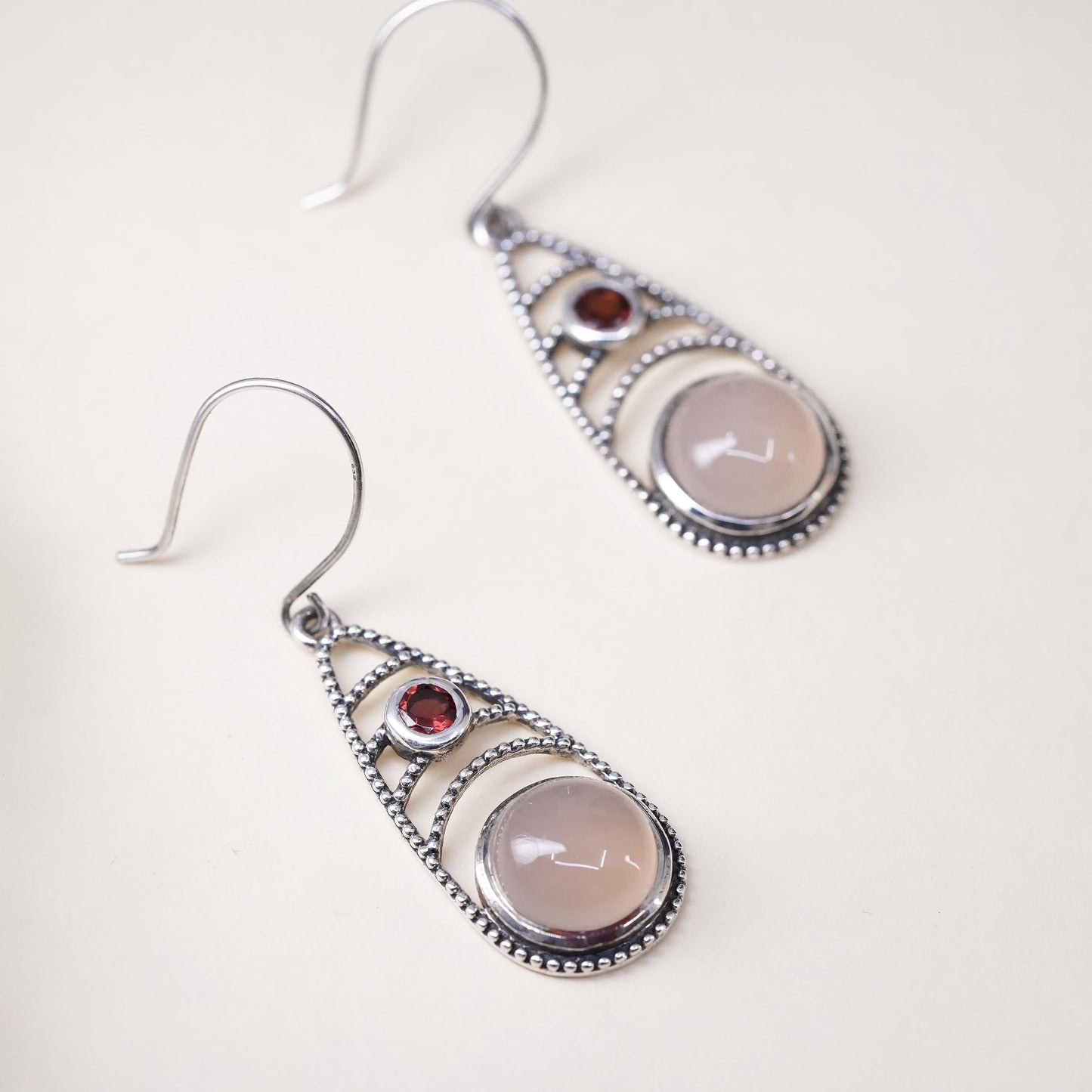 Vintage Sterling 925 silver handmade earrings with pink quartz and garnet