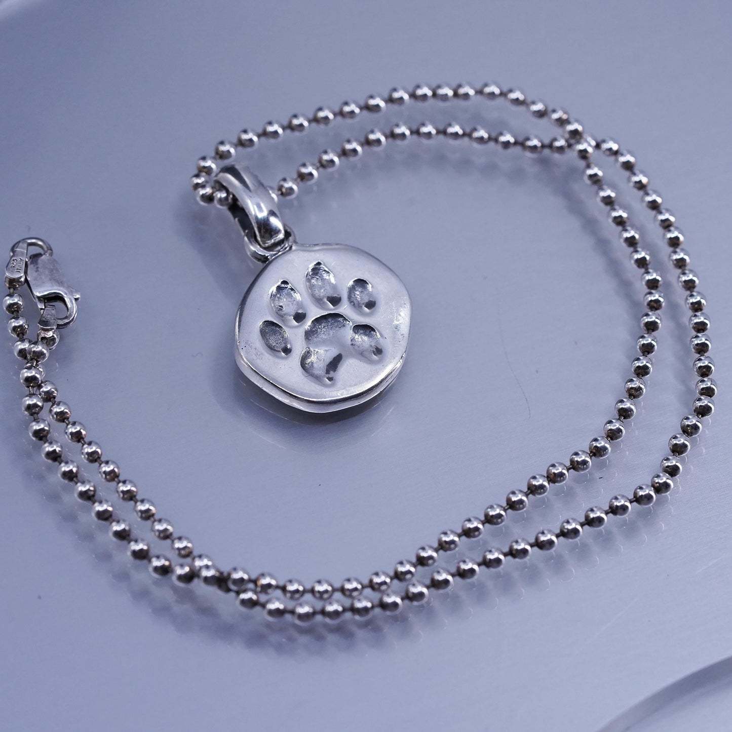 16” 2mm, Sterling 925 silver bead chain necklace with tag embossed paw print