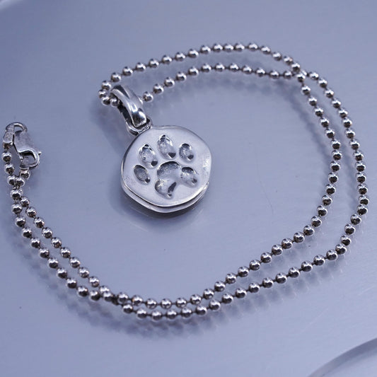 16” 2mm, Sterling 925 silver bead chain necklace with tag embossed paw print