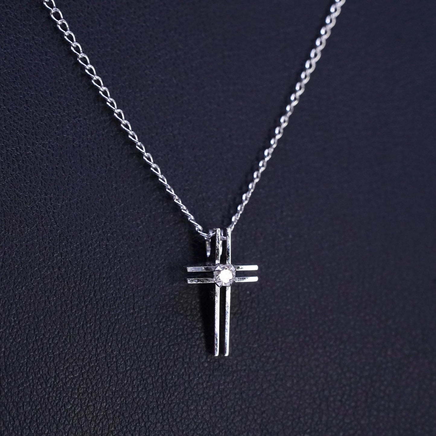 16", vintage Sterling 925 silver handmade curb necklace with cz cross pendant