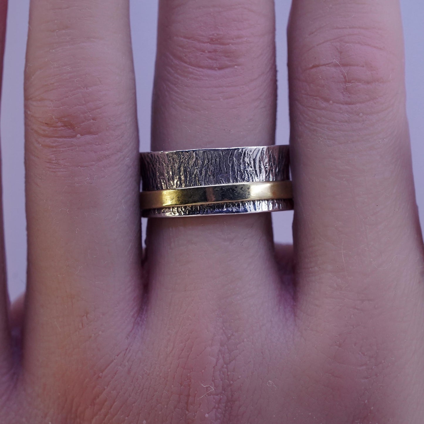Size 10.25, two tone sterling silver band brass cable textured 925 spinner ring