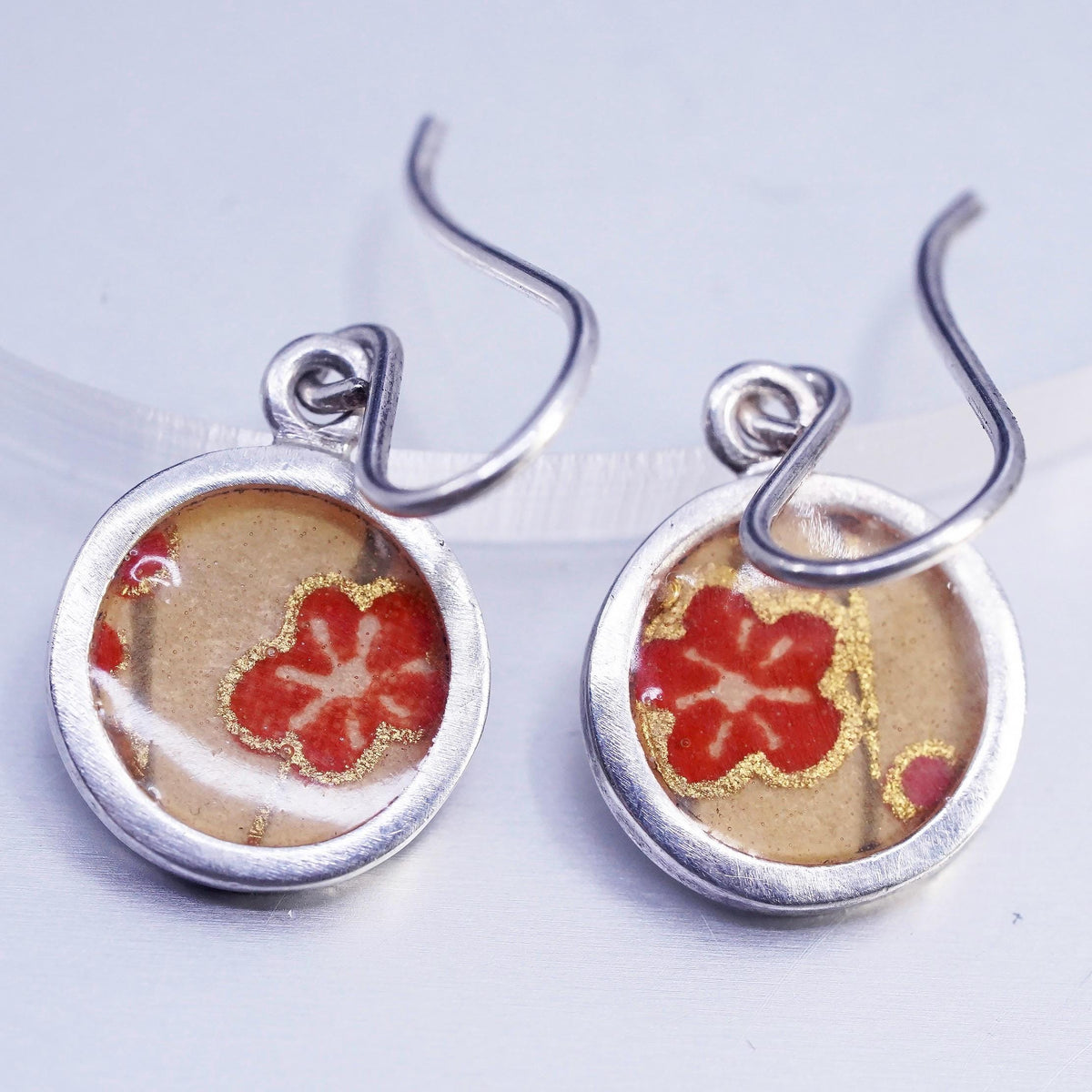 Susan Fleming Sterling 925 Silver Earrings, solid 925 silver Resin Flower paint