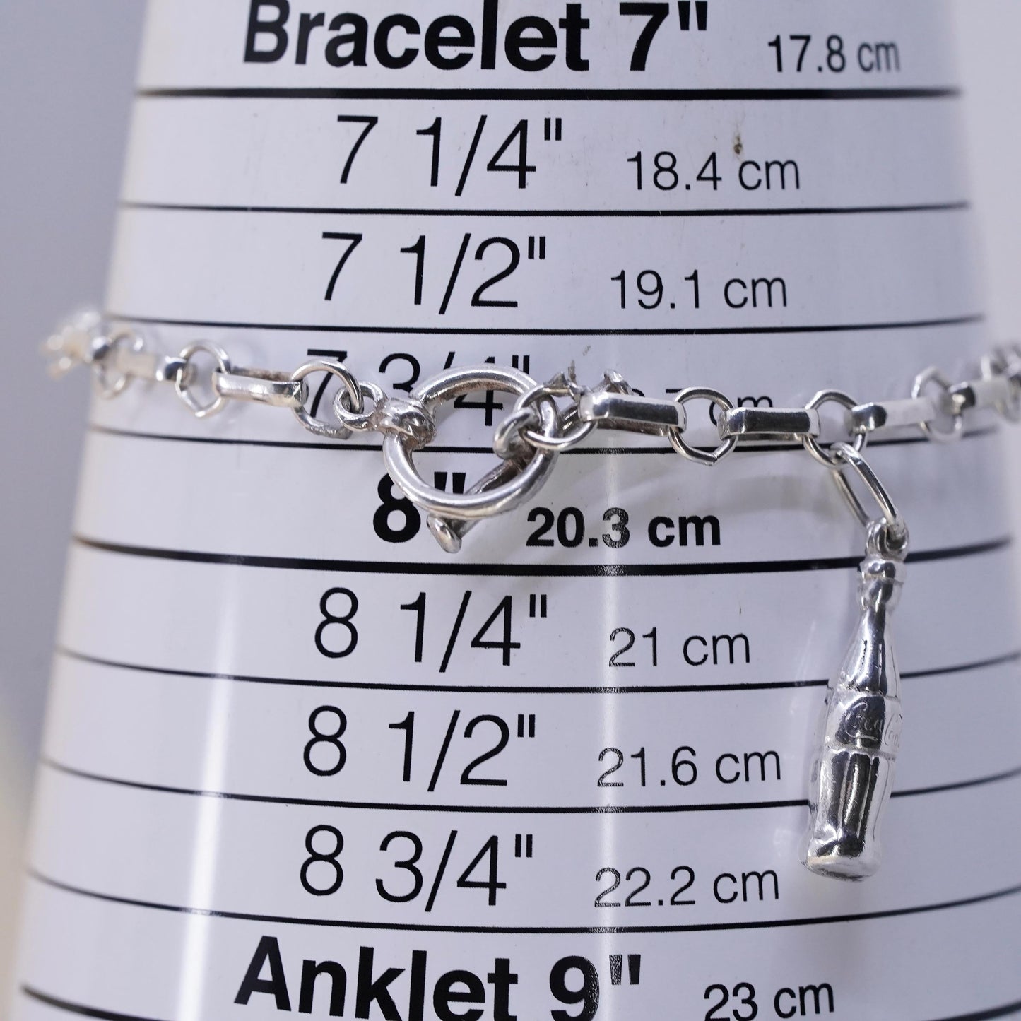 7.75” 3mm, vintage sterling silver bracelet, 925 elongated chain bottle charm
