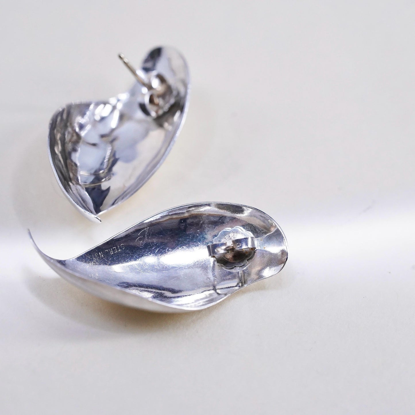 Vintage 925 Sterling Silver Curved Swirl Hoop Earrings, Studs 14K yellow gold