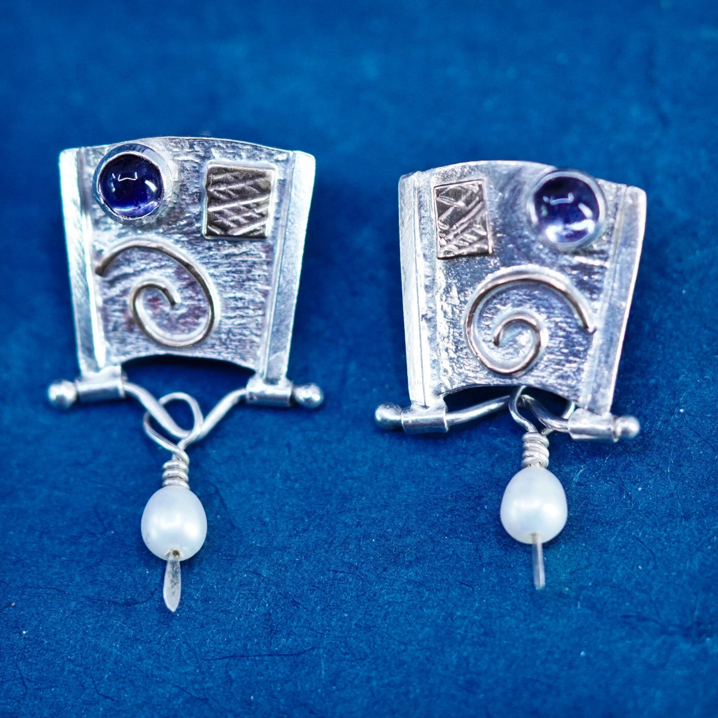 Vintage two tone 14K gold with sterling silver 925 handmade earrings w/ pearls