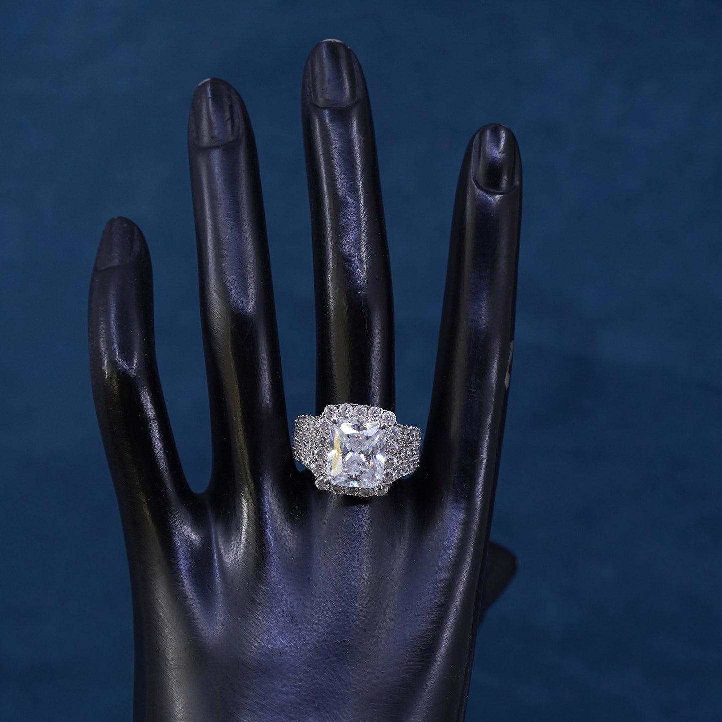 Size 9, vintage Sterling 925 silver engagement anniversary ring with cluster Cz