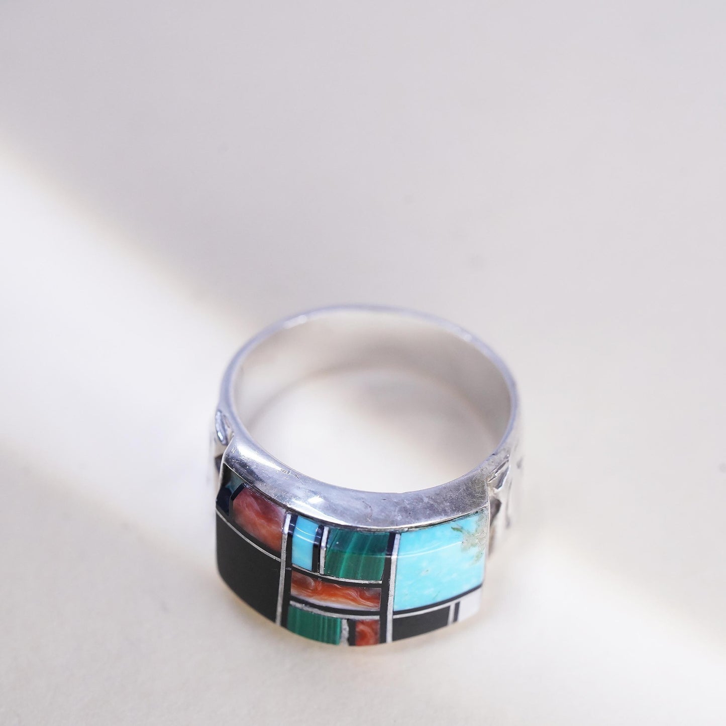 Size 8.25, Native American QT Sterling Silver Ring, Turquoise Coral Mosaic Band