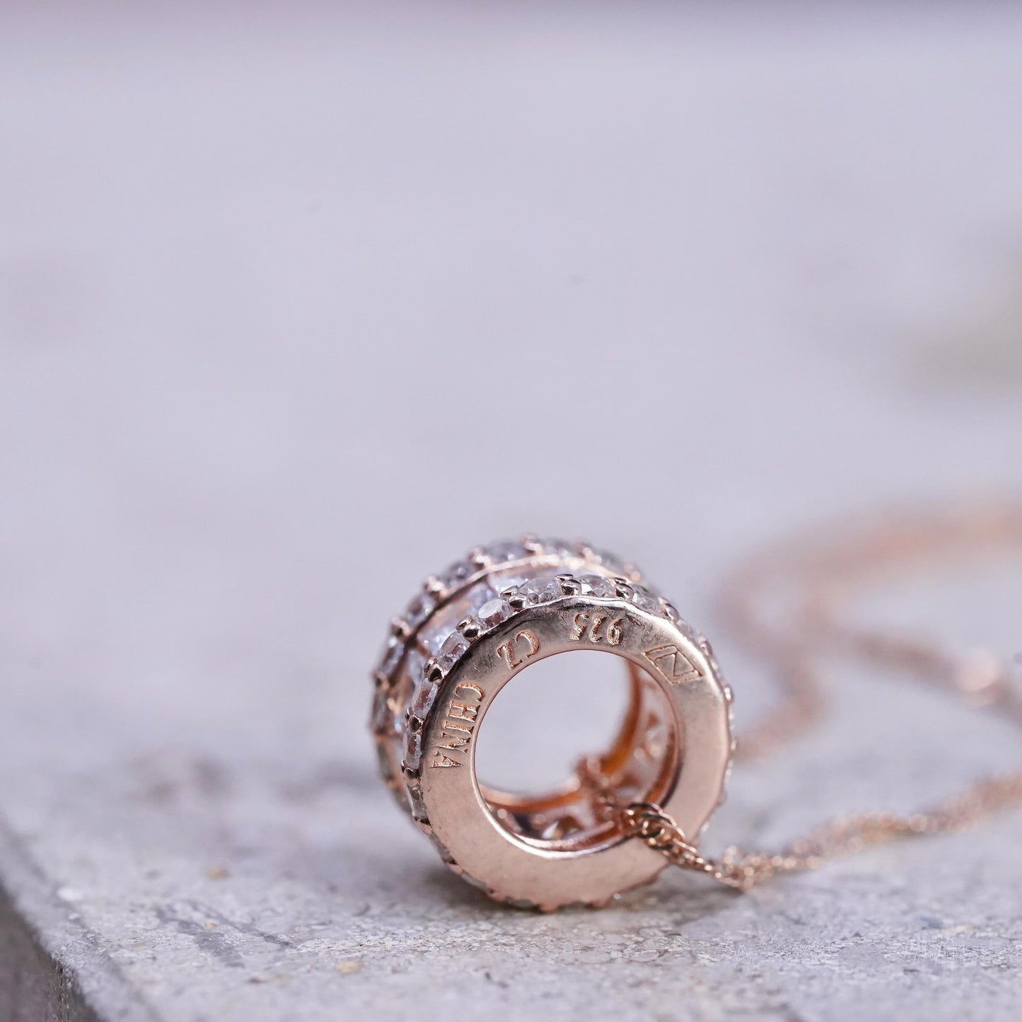 17+2", Rose gold Sterling silver necklace, 925 twisted chain cz wheel pendant