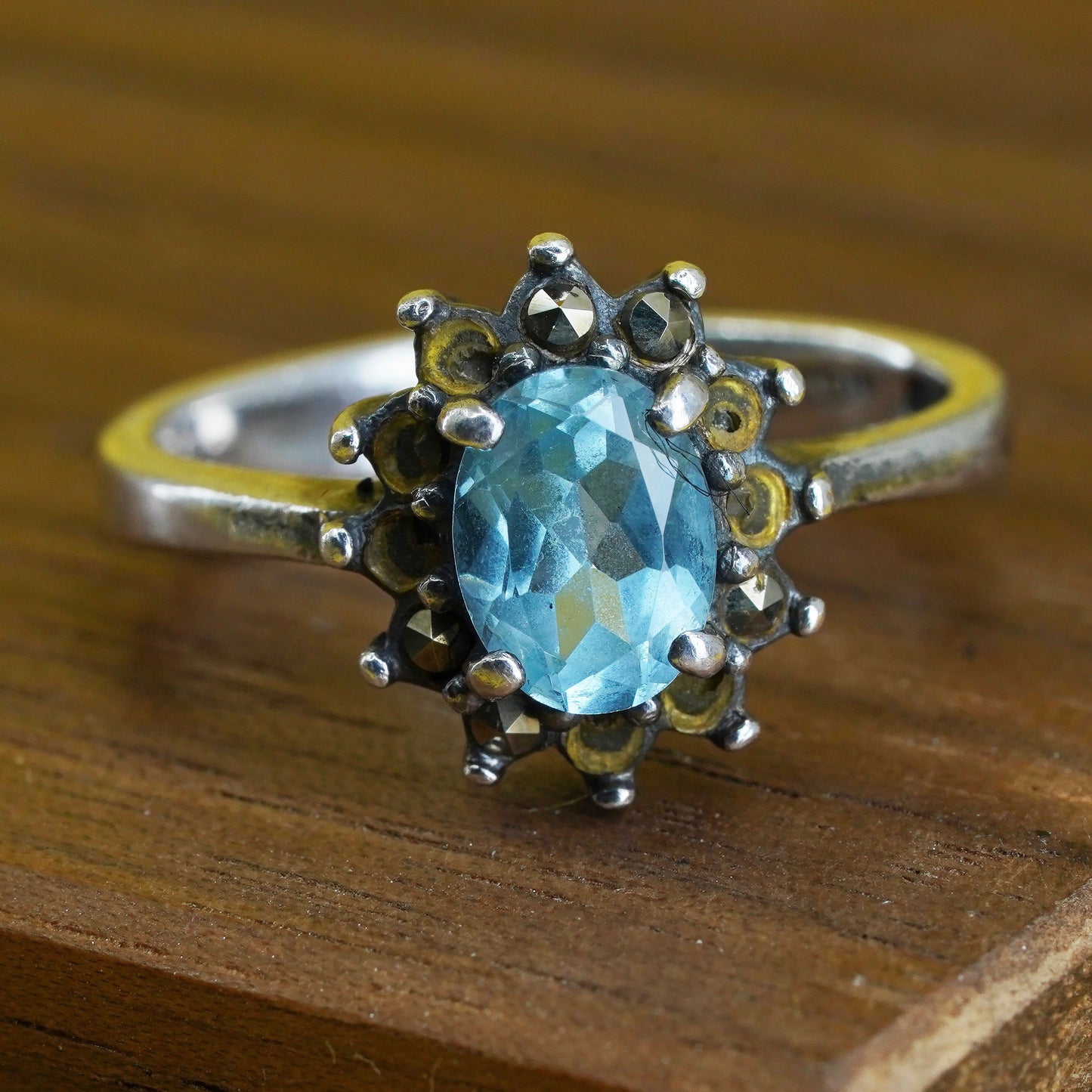 Size 6.25, Sterling silver 925 handmade ring with blue crystal