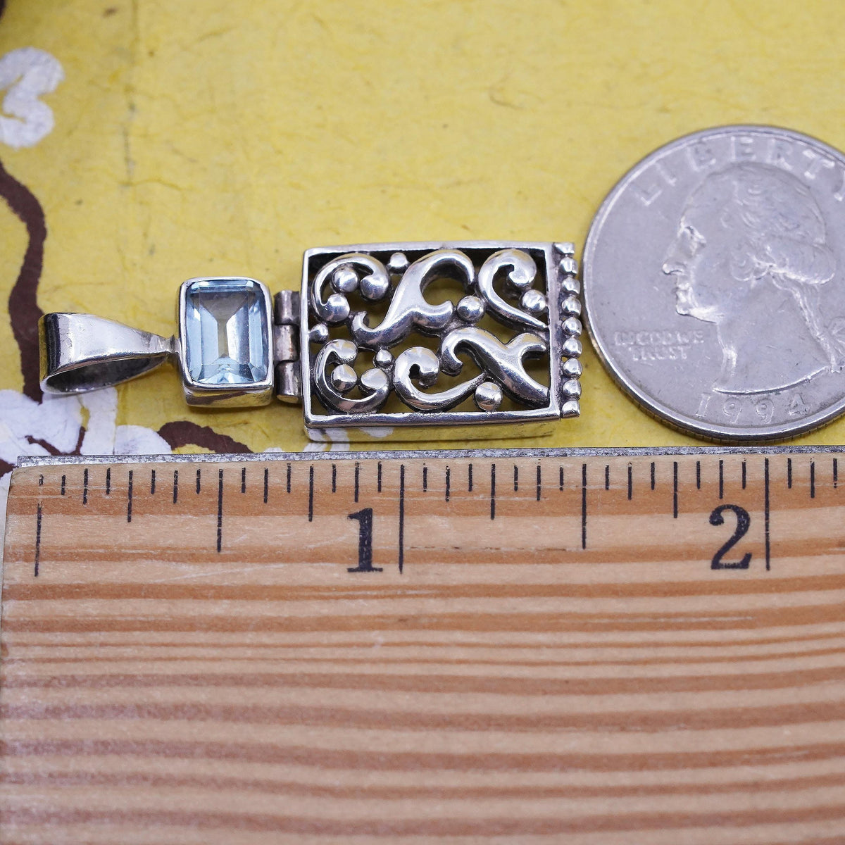 Vintage Sterling silver handmade pendant, 925 filigree rectangular with topaz