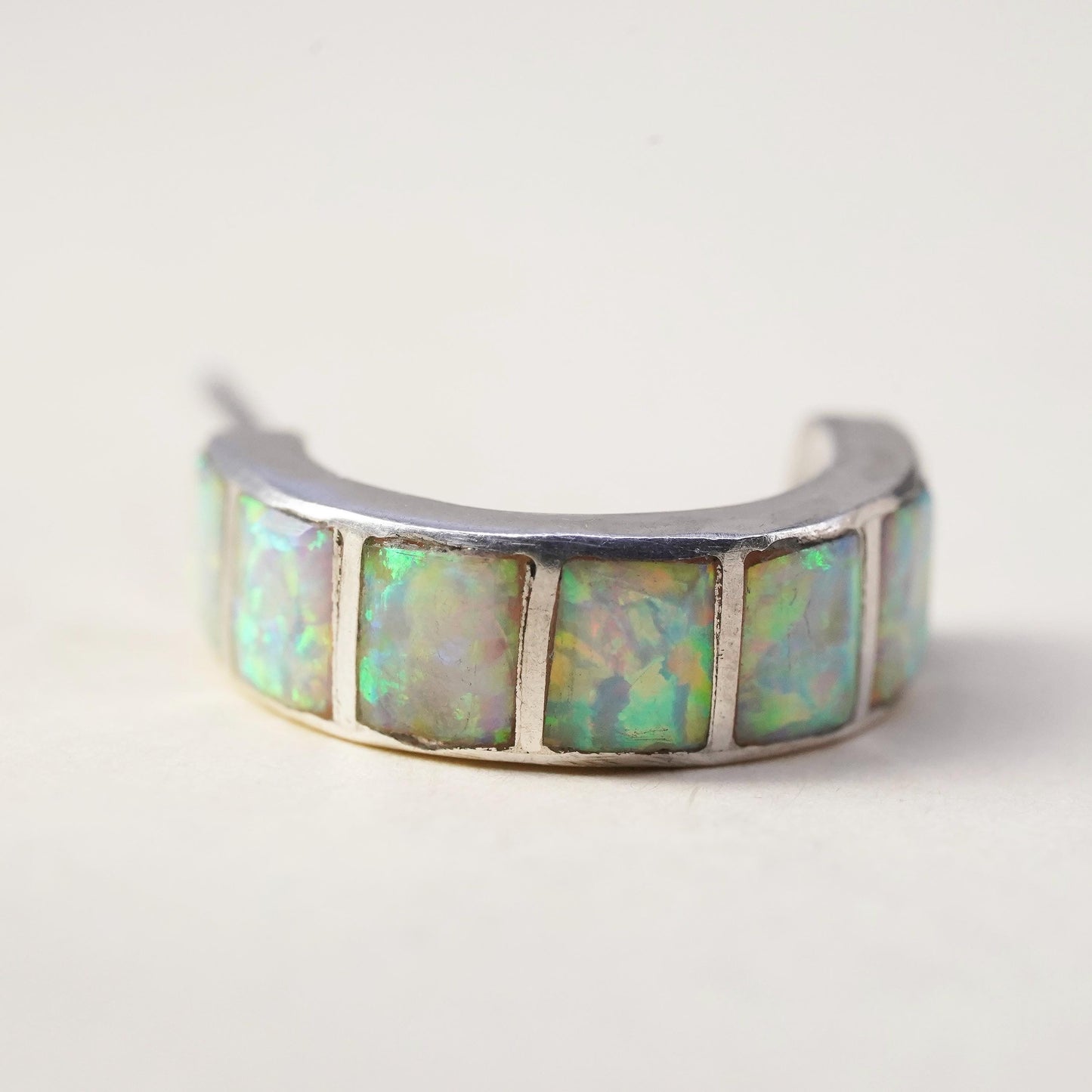 southwestern single earring. Sterling 925 silver huggie stud with opal inlay