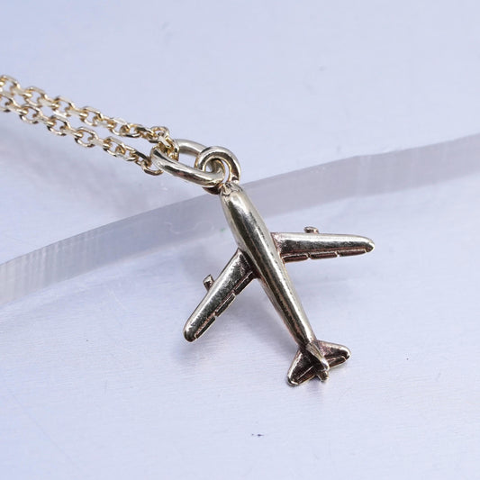 16+2" 925 Dyadema vermeil gold plated Sterling Silver Necklace airplane Pendant