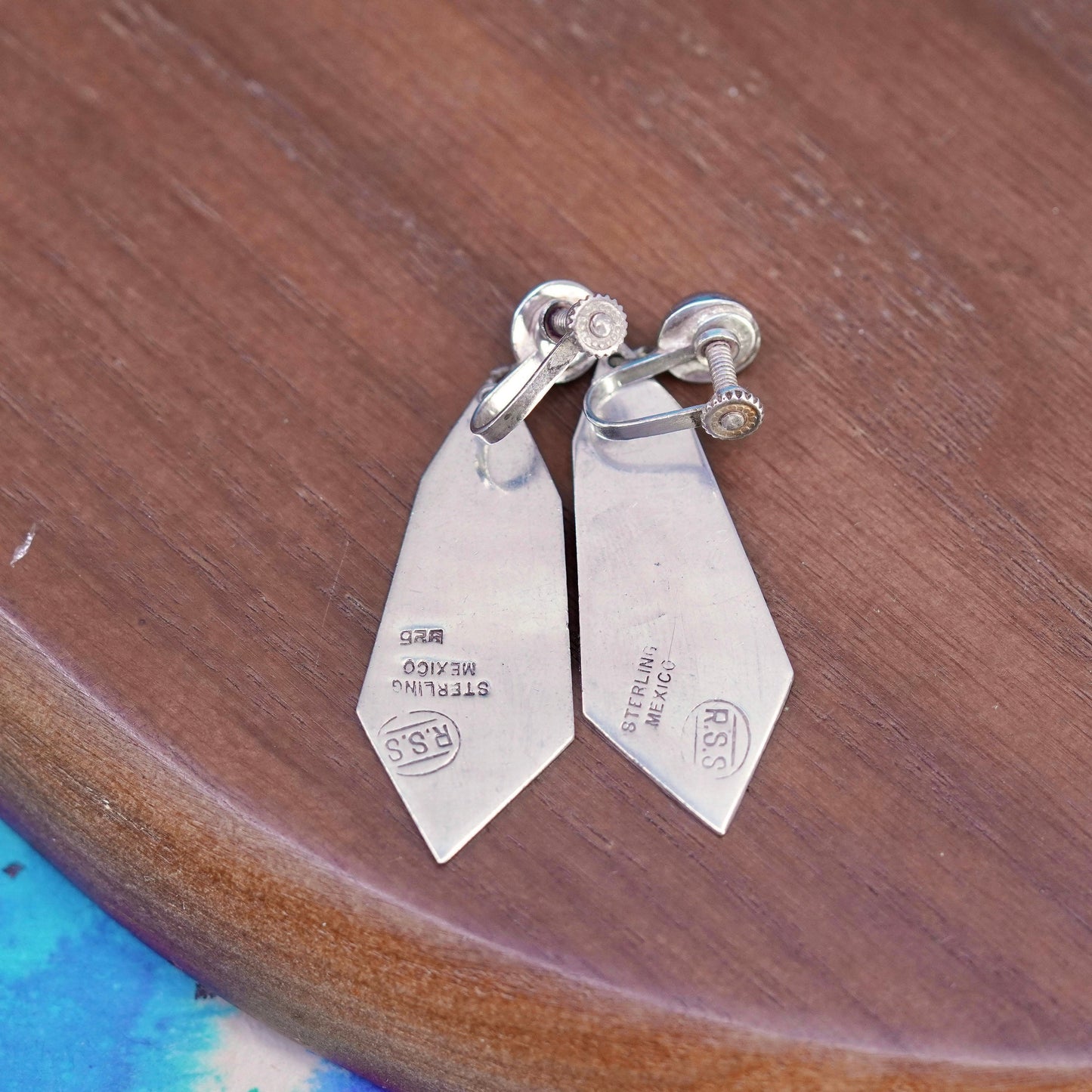 vtg Mexico Sterling Silver handmade RSS Screwback Dangle Earrings with dancer
