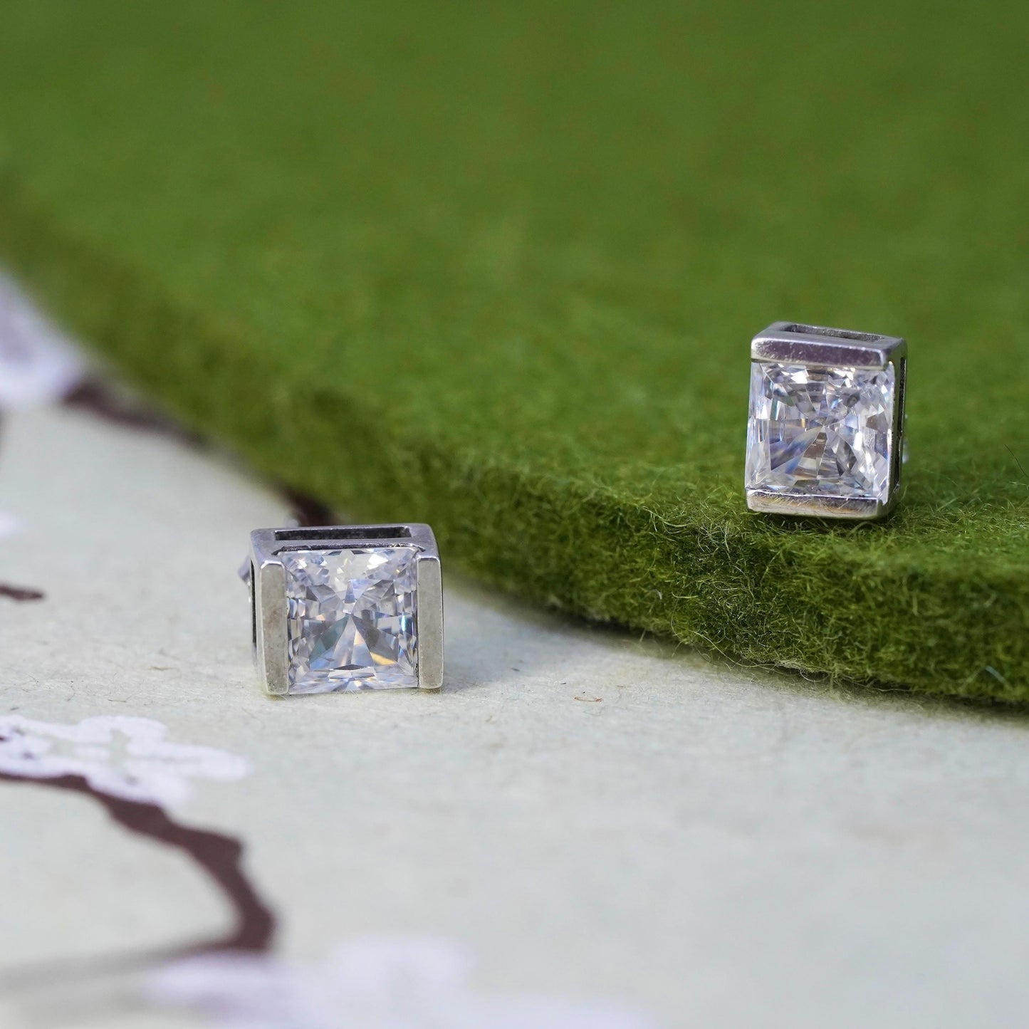 Vintage sterling 925 silver square cz studs, earrings