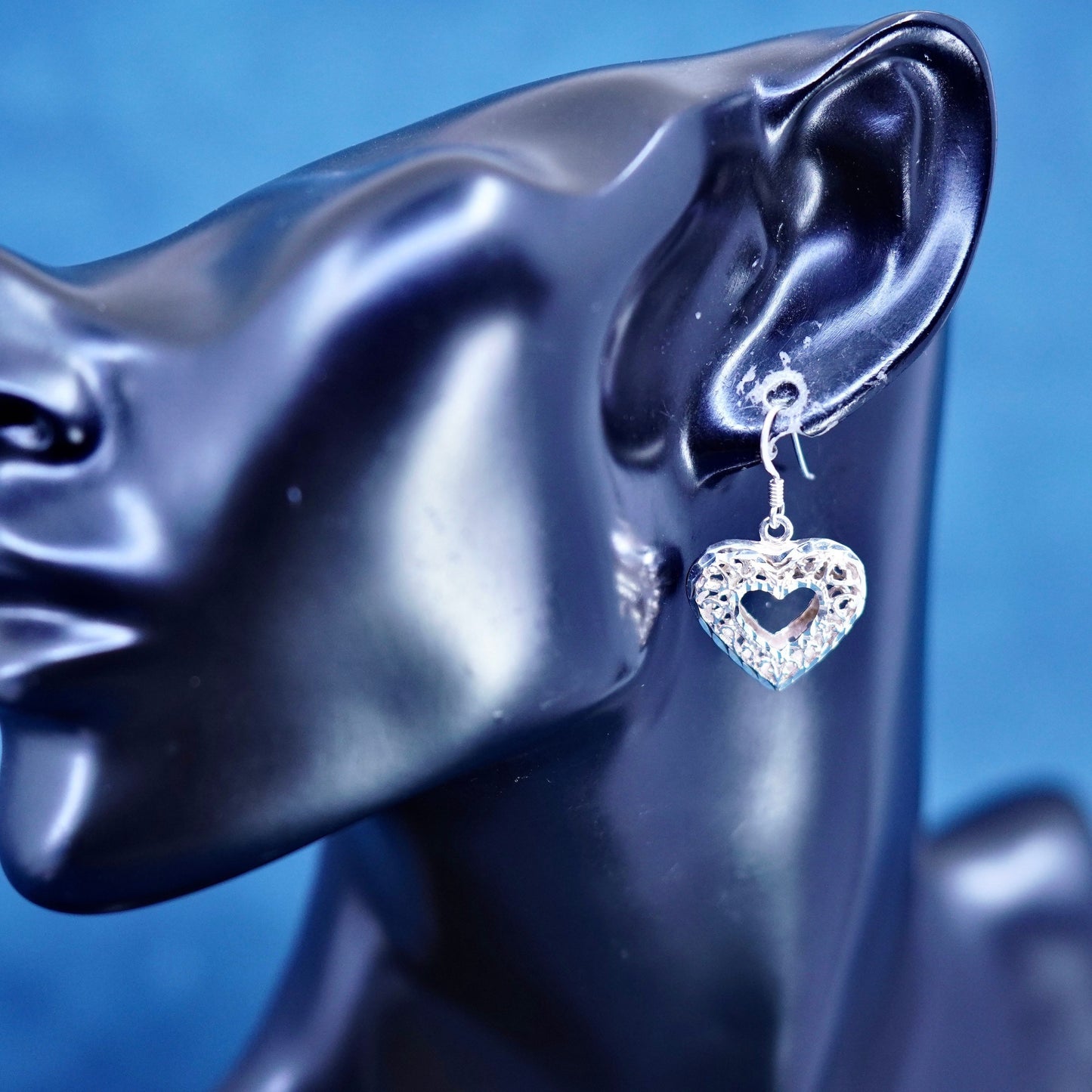 Vintage Sterling silver handmade earrings, 925 filigree heart drops