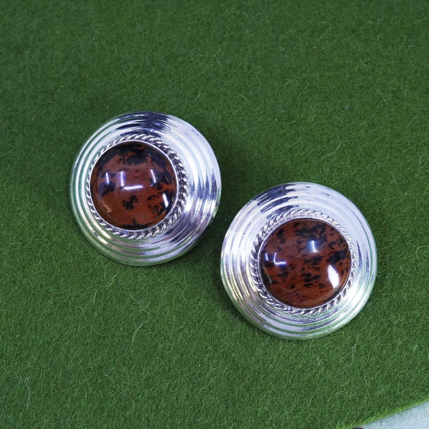 Vintage Sterling silver handmade earrings, 925 round clip on with bronze jasper