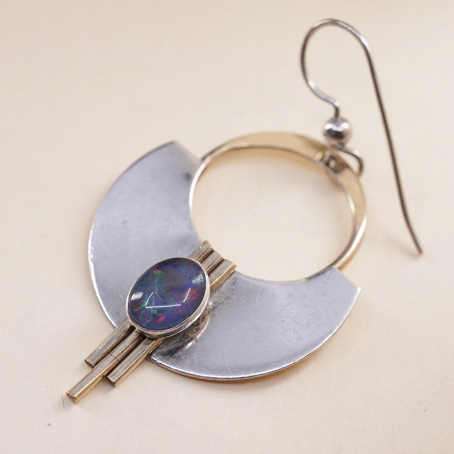 PJP gold filled two tone sterling silver single earring 925 disc with fire opal