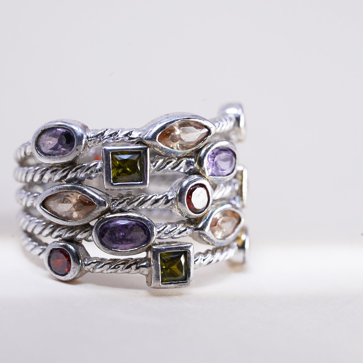 Size 9, 925 Sterling Silver Multi Gemstone Wide Cable Band Ring, Peridot Topaz