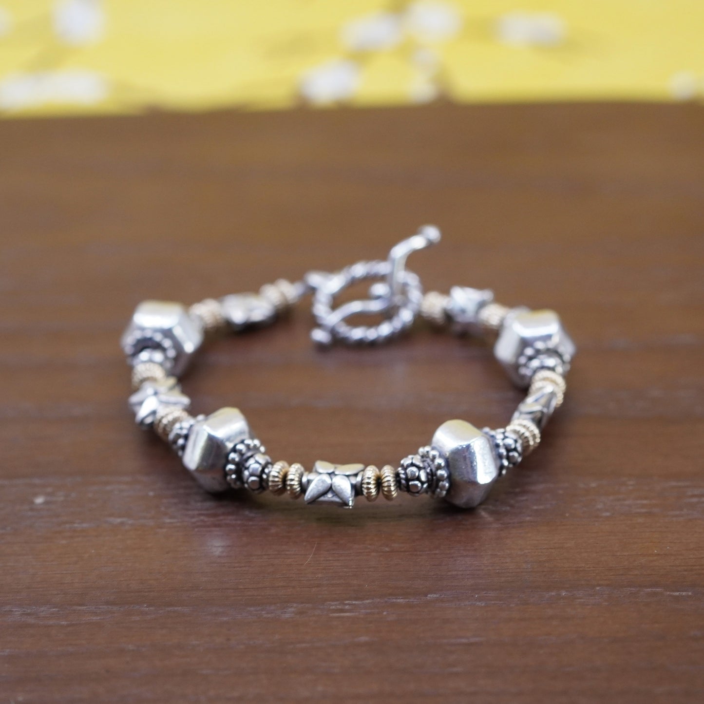 6.5”, Vintage two tone Sterling silver handmade bracelet, 925 chain with bead