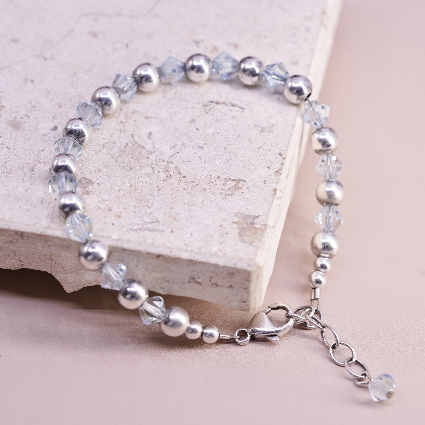 7+1", vintage Sterling silver handmade bracelet, 925 beads with blue crystal