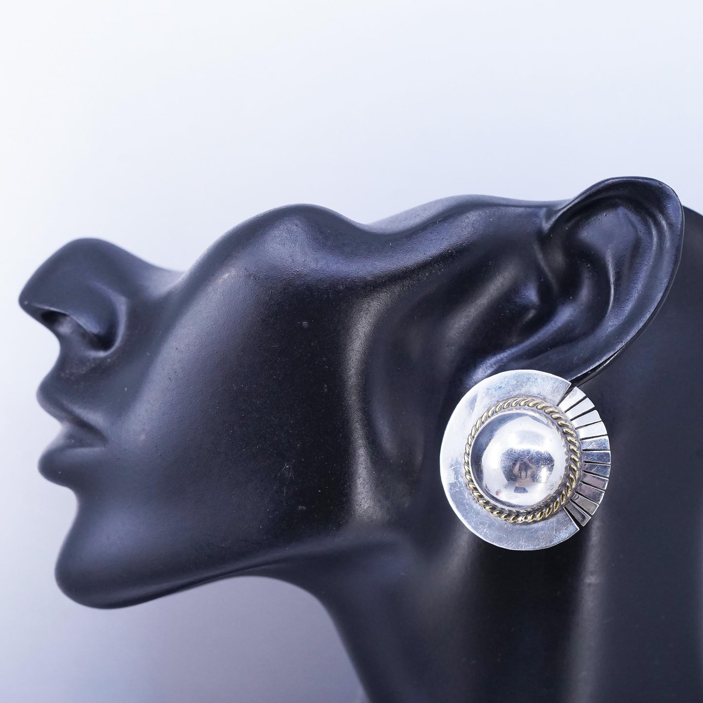 VTG Mexican Two Tone Sterling 925 Silver circle CLIP ON earrings brass cable