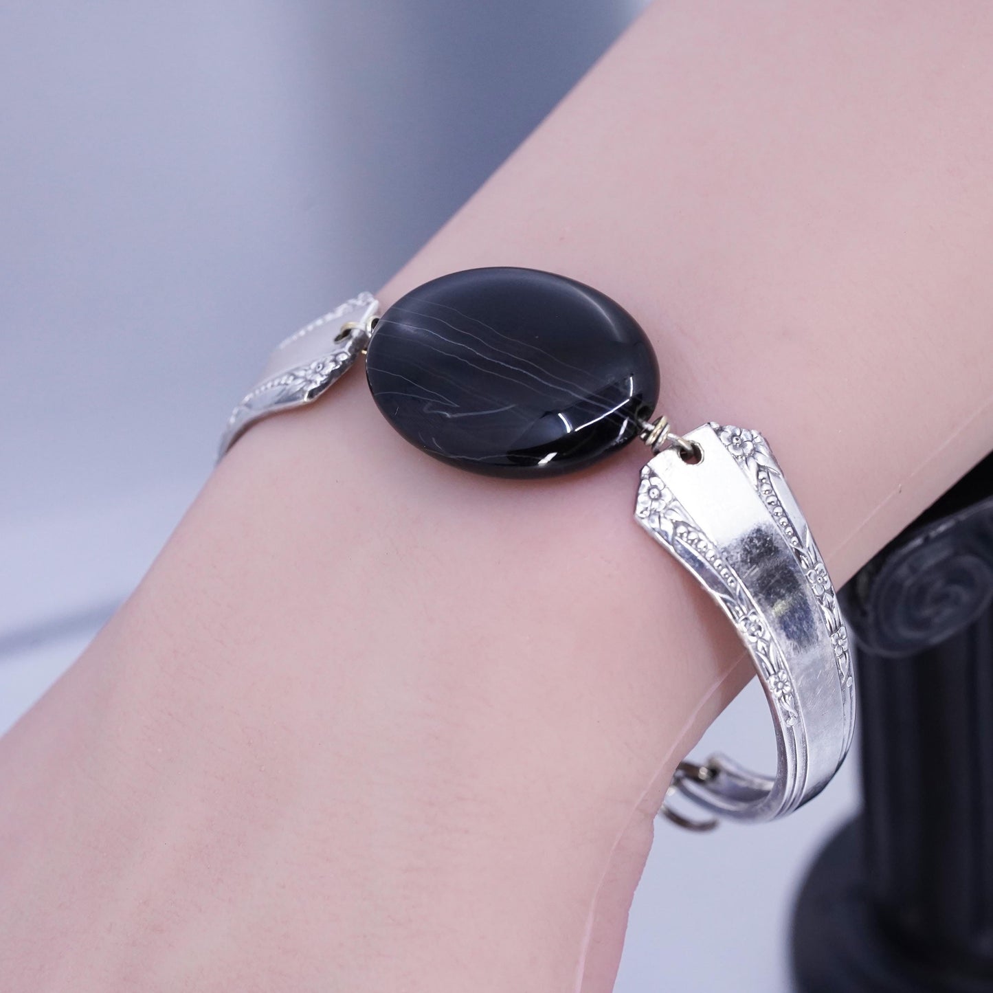 6.75”, Vintage silver tone handmade bracelet, spoon bangle with onyx
