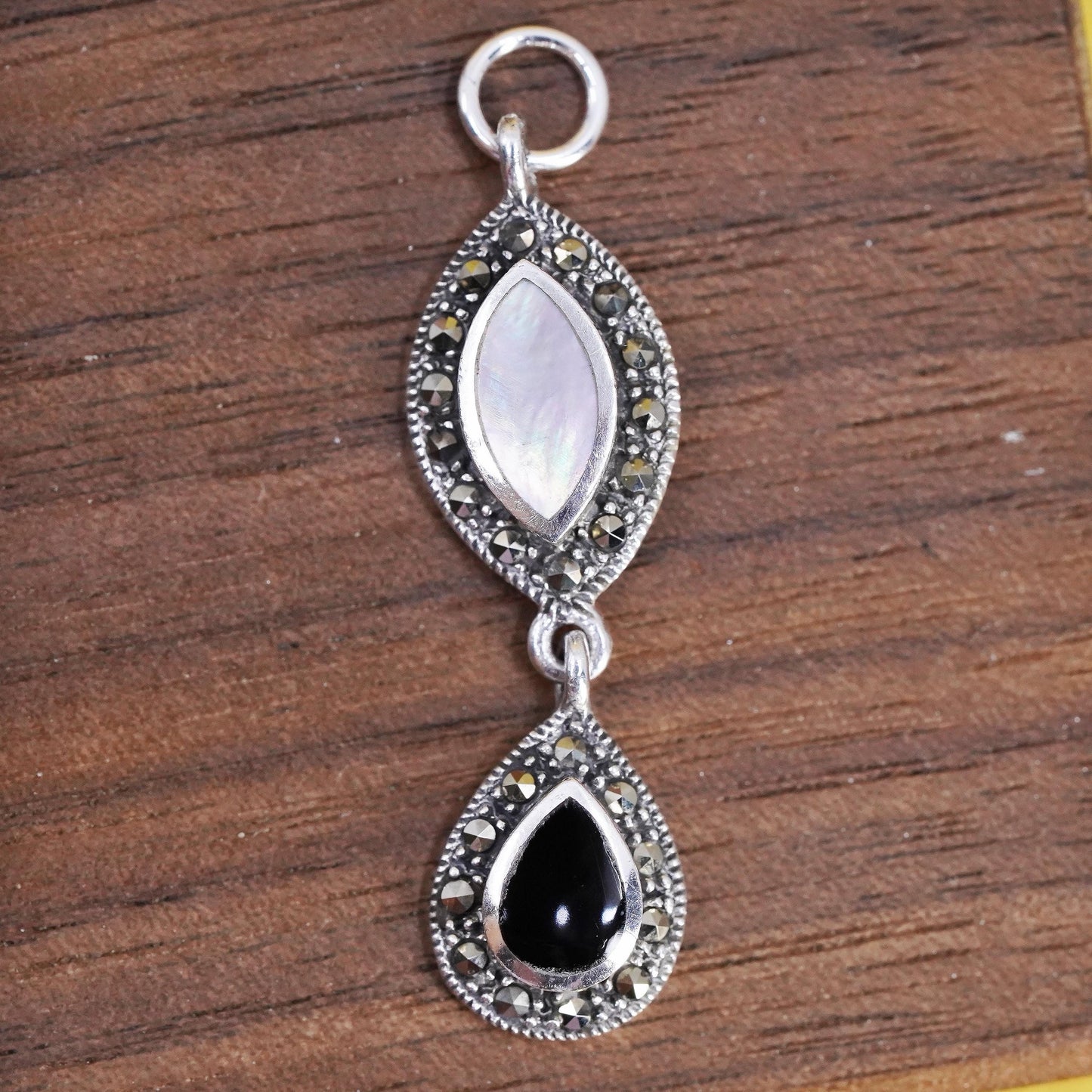 VTG Sterling 925 silver handmade charm pendant mother of pearl onyx marcasite