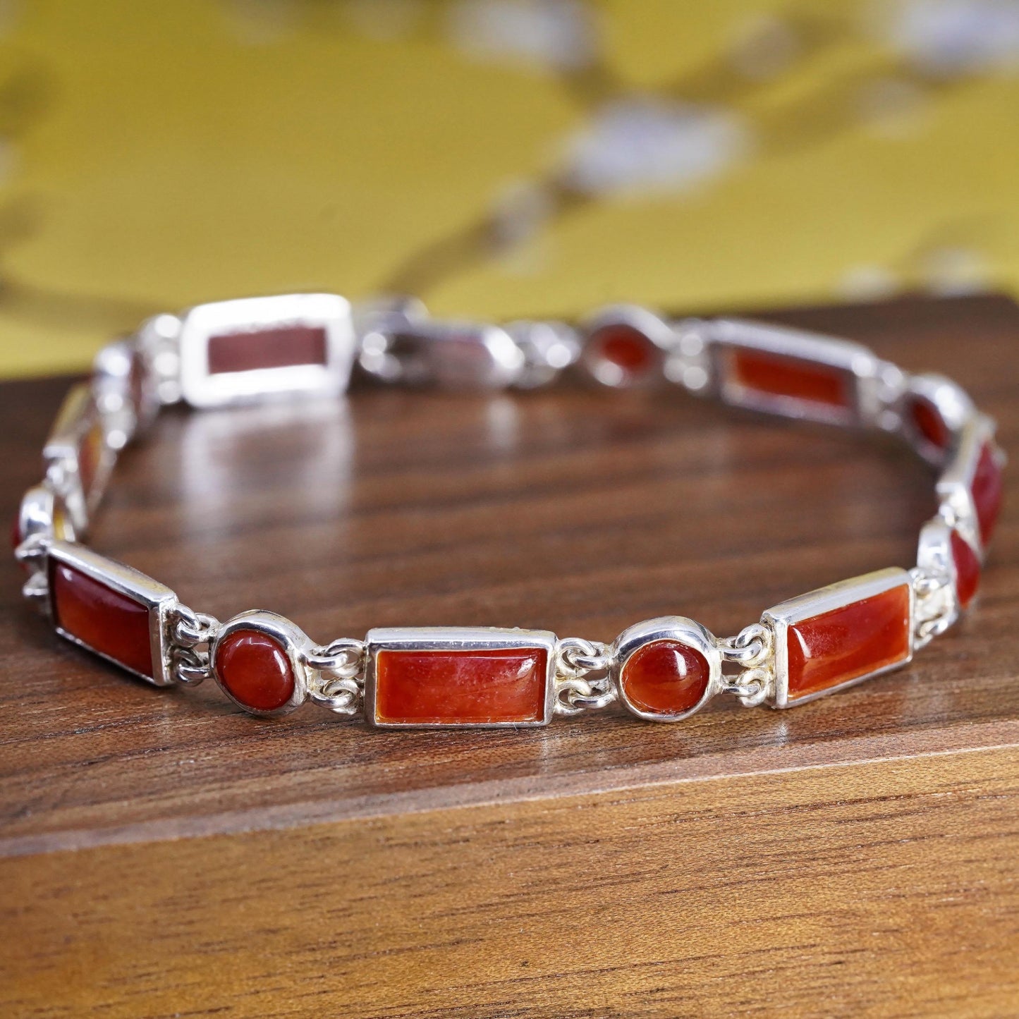 7.25”, Vintage HK sterling silver handmade bracelet, 925 tennis chain carnelian