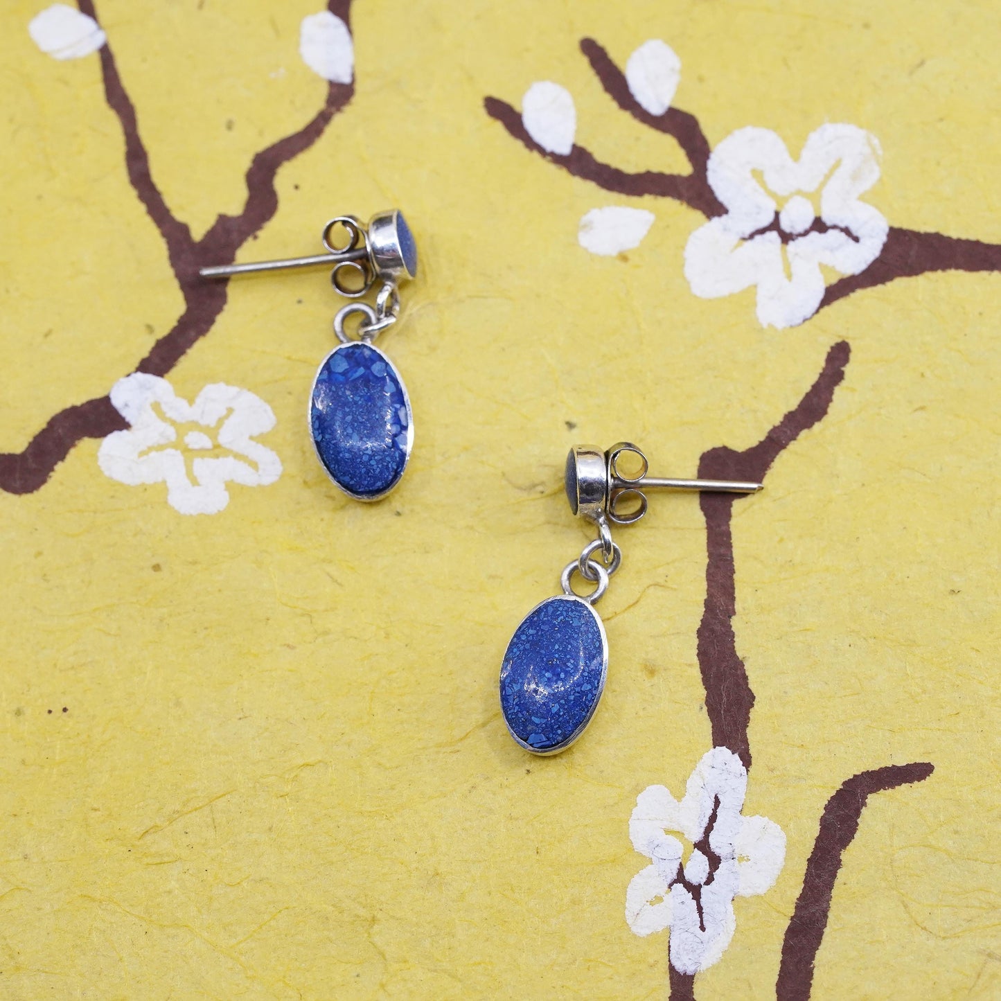 vintage Peruvian Sterling silver handmade earrings, 950 lapis lazuli dangles