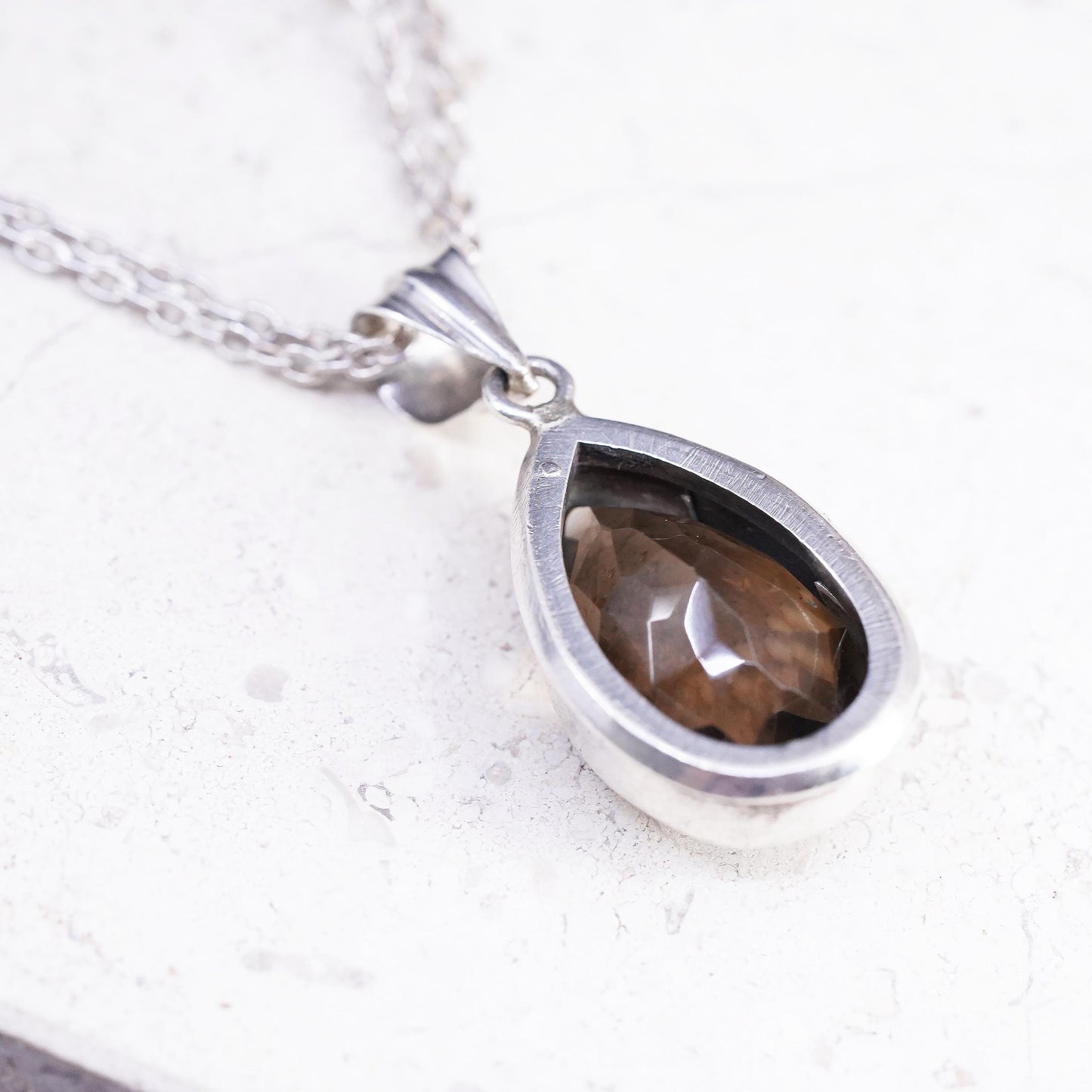26", Sterling 925 Silver double strands necklace, Smoky Quartz teardrop pendant