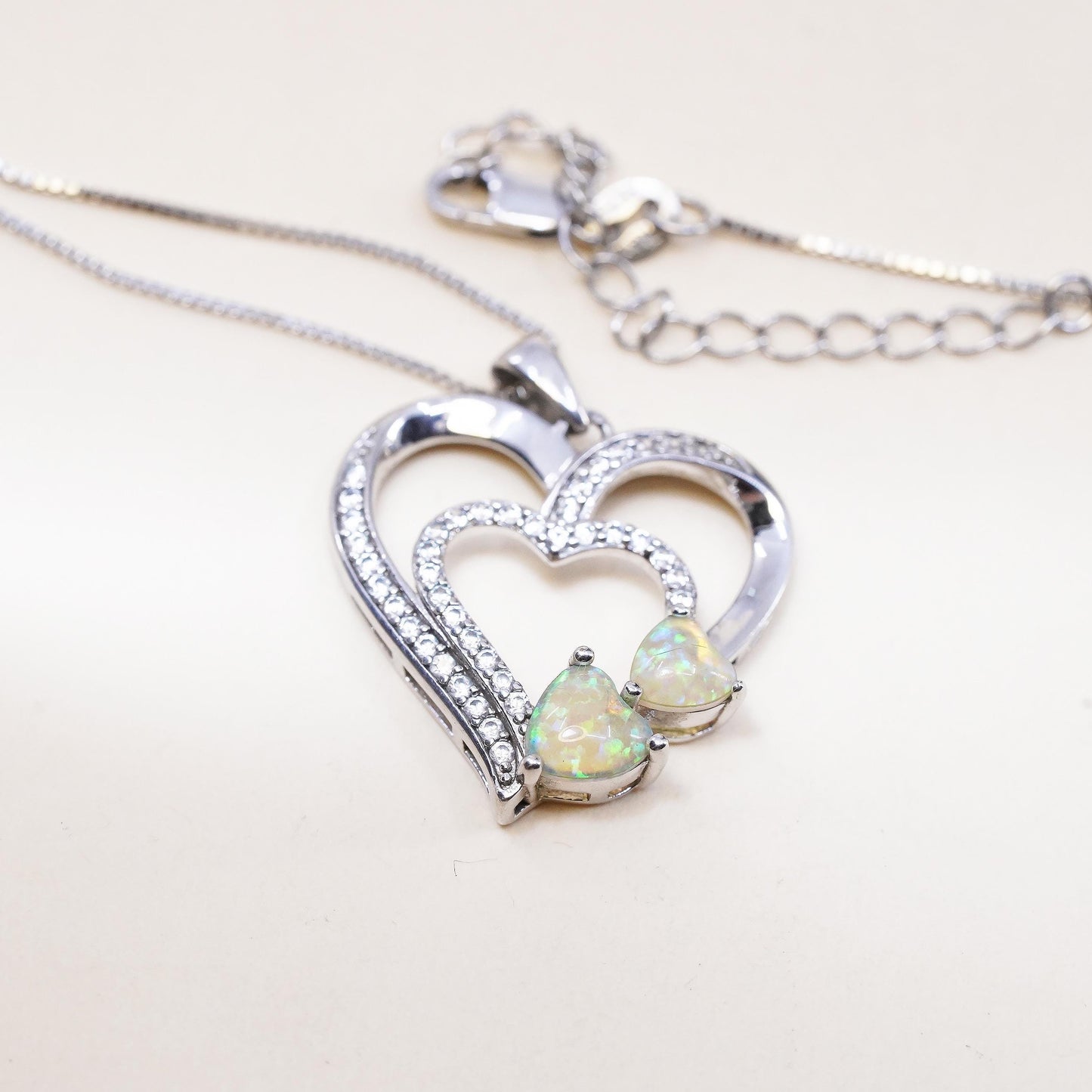 Opal Heart Necklace Sterling Silver 925 Double Heart White Topaz Pave Love